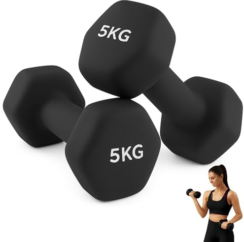 PLAYZOCO Juego de 2 mancuernas, mancuernas hexagonales, Mancuernas Antideslizantes, revestimiento de neopreno, Agarre Cómodo, Resistente al Sudor, Pack 2 unidades, 5 Kg
