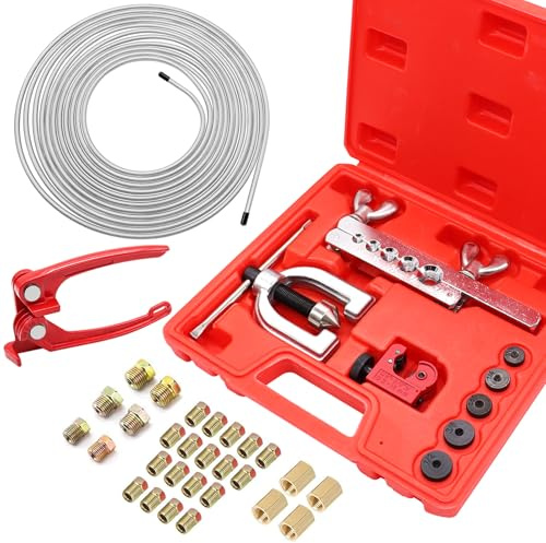 mxuteuk 25 ft 3/16inch Zinc Coated Alloy Brake Line Kit(Includes 24 Fittings and 4 Unions) with Tube Bender and Double & Single Flaring Tool Kit