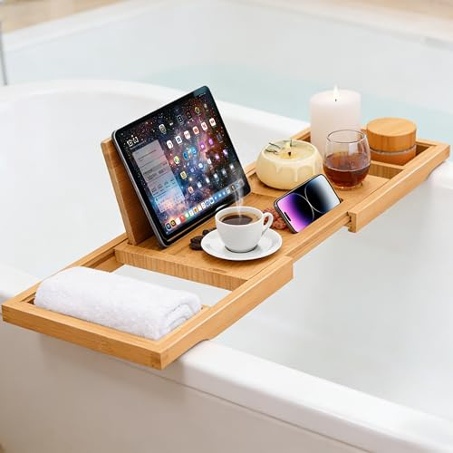 AUNEK Extendable Bath Tray, Luxury Wooden Bamboo Bathtub Shelf with Built-in Holders for Books, Tablets, Phones, Glasses & Candles, Adjustable Caddy Bridge Fits Most Bathtubs