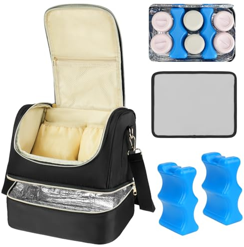 Jaffzora Breast Pump & Cooler Bag, Double-Layer Insulated, Fits 6 Bottles, 2 Ice Packs & 1 Waterproof Mat, Fits Willow/Elvie/Momcozy/Medela (Black)