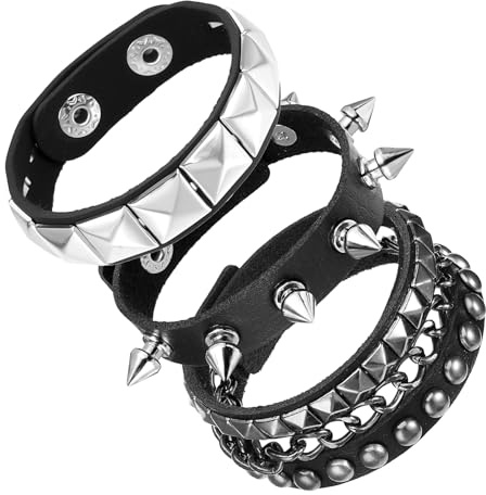 Ouligay 3 Pcs Studded Bracelet, Spiked Bracelets, Punk Leather Bracelet for Women Men, Vintage Chain 80s Wristband Set, Gothic Accessories for Rocker Outfits Emo Y2k Punk Jewelry