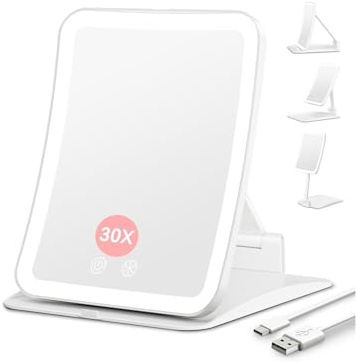 Auxmir Espejo Maquillaje con Luz 30X Aumento Recargable 2000mAh Plegable Portátil para Viajes Mesa con Sensor Inteligente Control Táctil 3 Colores LED Brillo Regulable USB Giratorio