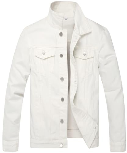 LZLER Denim Jacket Mens Classic Vintage Style Button Down Long Sleeve Cowboy Trucker Jean Jacket(White,M)