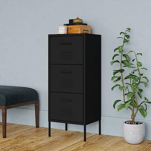 QJBSAVVA Steel Cabinet 42.5×35×101.5 cm Black, 3 Full-Extension Drawers 20 kg Each, Levelers, for Living Room Office Garage