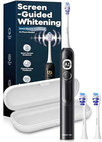 SAKYPRORAL AI Sonic Electric Toothbrush for Adults with Brushing Score & Smart Timer Display, 6-Zone Tracking, Rechargeable Whitening Brush with Soft Heads (Midnight Black)
