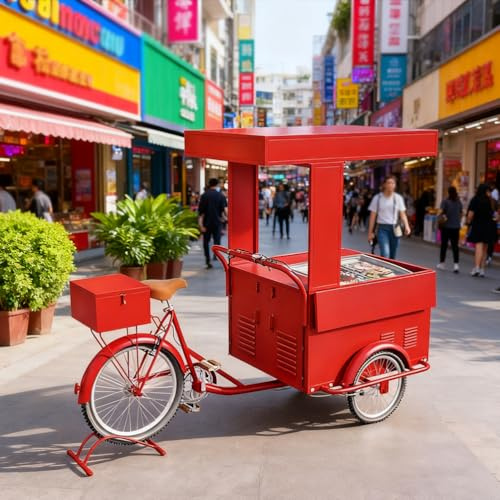 Mobil matautomatcykel med parasoll och pedaler, stabil järntrailer för gatusäljare och konstnärer