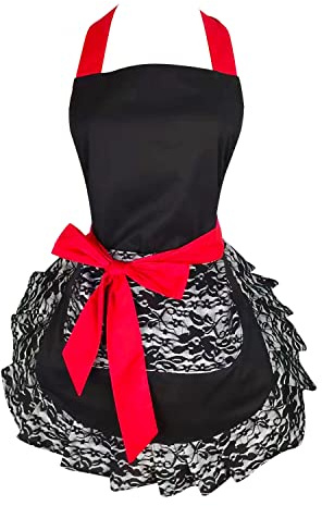 TLY Womens Plus Taille Vintage rétro Dos Nu Cravate Mignon Noir Tablier avec 2 Poches, 68,6 x 61 cm, Coton, Lace Apron, Taille M