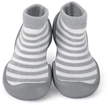 Step Ons Rubber Sole Baby Sock Shoes by Sock Ons - Baby First Shoes - Toddler Sock Shoes for Crawling, Cruising and Walking! (Grey Stripe 6-12 Months)
