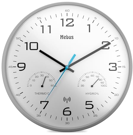 Mebus Orologio da parete radiocontrollato moderno con indicatore di temperatura e umidità, 30 cm, orologio radio soggiorno, orologio da cucina/modello: 52842 / colore: grigio