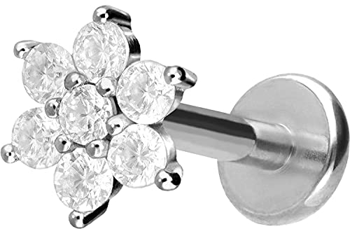 PIERCINGLINE Titan Labret mit Gewinde KRISTALLBLUME Piercing Lippe Nase Ohr Helix Silberfarben 1,2 x 6 mm