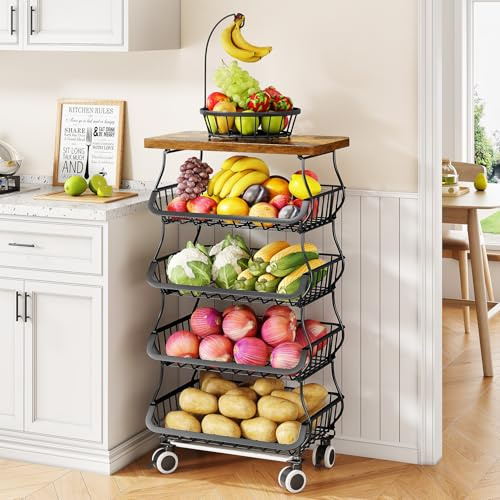SAYZH Fruit Basket Kitchen Pantry Organizers and Storage - Wooden Top Table, Stackable Metal Wire Basket Stand Cart for Fruit Vegetable Snacks Onion Potato Organization (Black, 5 Tiers)