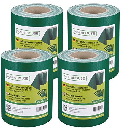 Workinghouse Schermo privacy in PVC per recinzione a doppio picchetto, schermo privacy da giardino con clip, 450g/m² - 50m x 19cm, schermo privacy per recinzione (4, Verde)
