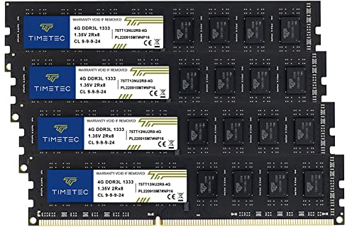 Timetec 16GB KIT(4x4GB) DDR3/DDR3L 1333MHz PC3-10600 Non-ECC Ungepuffert 1,5V / 1,35V CL9 2Rx8 Low Density Dual Rank 240 Pin UDIMM Desktop-PC Computerspeicher RAM-Modul-Upgrade