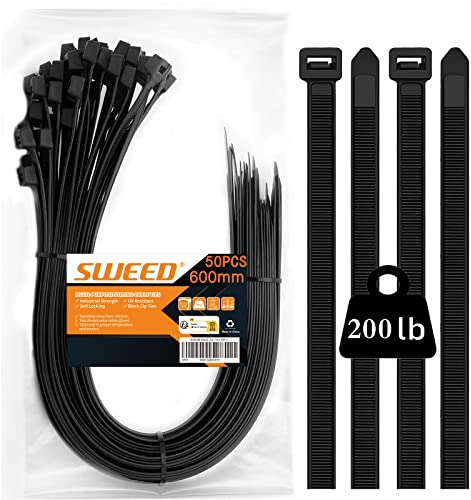 SWEED 600mm Riselant Grand, Grand Serre Cable Noir Durable, 50pcs Collier De Serrage large Fort, Serflex Cable Souple, Usage en Exterieur et Interieur ou Jardinage