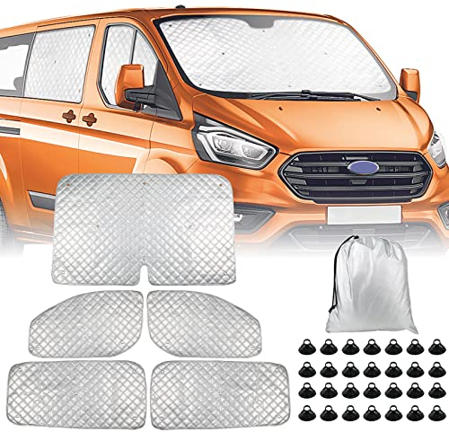 Thermomatte Fahrerhaus Innen für Ford Transit Custom 2012-2024, 5 STK Wasserdicht UV-Proof Sonnenschutz Auto Frontscheibe Schnee Frontscheibenabdeckung mit Schwarzem Rücken, 98% Verdunkelung
