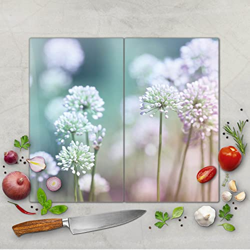 banjado Schneidebrett Glas mit Motiv Lauchblüte - großes zweiteiliges Glasschneidebrett rechteckig 2 x 30 cm x 52 cm - auch verwendbar als Schneidebrett Herdabdeckung