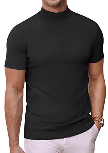 COOFANDY Turtle Neck T Shirts for Men Short Sleeve Half Collar Mock Turtleneck T Shirts Stretchy Slim Fit Tee Black XL