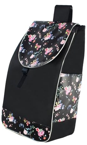 Baoblaze Trolley Cart Spare Bag Folding Shopping Cart Replacement Bag Back Zipper Pocket Drawstring Bag for Home Outdoor Indoor Travel, Black Flower