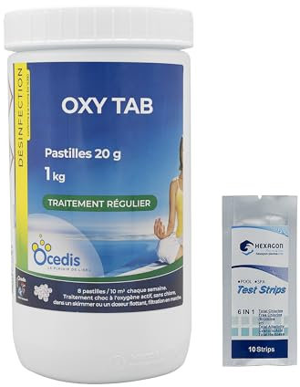 OCEDIS OXY Tab 20 Pastilles 20g - 1kg | Désinfection Régulière et/ou Choc sans Chlore - Oxygène Actif Choc - Activateur de Brome - Dissolution Rapide + 10 Tests HPS OFFERTS 6 en 1