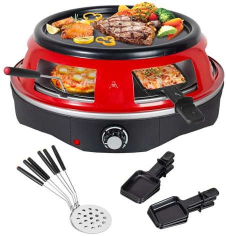 Todeco 3-in-1 Elektrischer Pizzaofen, 1200 Watt, Pizzabackofen für 6 Personen mit 6 Pizzaschaufeln, 6 Käsepfanne, Grillplatte, für Mini-Pizza in Ø 10cm, Grillen und Pfannkuchen, Rot