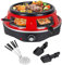 Todeco 3-in-1 Elektrischer Pizzaofen, 1200 Watt, Pizzabackofen für 6 Personen mit 6 Pizzaschaufeln, 6 Käsepfanne, Grillplatte, für Mini-Pizza in Ø 10cm, Grillen und Pfannkuchen, Rot