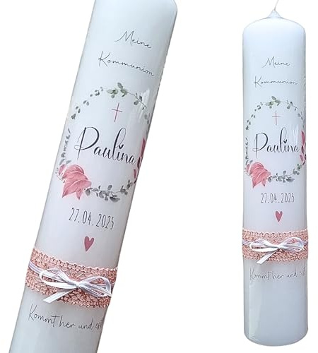 Vela de comunión personalizada con nombre y fecha, diseño de eucalipto, vela moderna para bautizo y comunión para niños, regalo para primera comunión