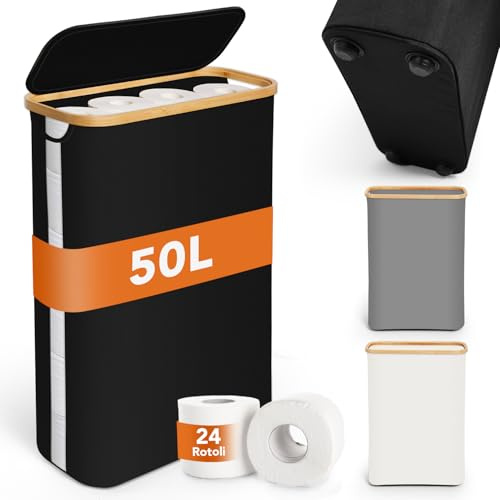 SOUTHGATE 50L Grande Cesta de Almacenamiento de Papel Higiénico con Tapa de Bambú, Capaz Para 16 a 24 Rollos de Papel, Almacenamiento de Rollos de Visibilidad, con Patas, Organizador de BañO con Asa