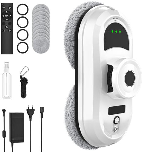 Robot Limpiacristales, 5600Pa Robot Limpieza de Ventanas Electrico Con Sistema de Seguridad, Navegación Inteligente, Control Remoto, Detección de Bordes, para Todas Las Superficies Lisas, con 10 Trapo