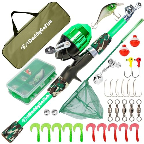 DaddyGoFish Kids Fishing Pole - Rod Reel Combo Tackle Box Starter Set - First Year Small Gear Kit for Boys Girls Toddler Youth Age Beginner Little Children (Essential Set, Green, 4ft)