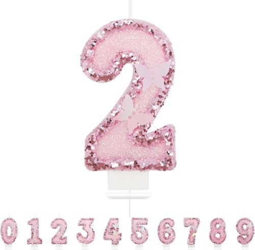 Heyumybit Velas de Cumpleaños con Números 2,3D Mariposas Velas de Cumpleaños,Decoración Tartas Rosa Brillante para Suministros de Celebraciones de Aniversario