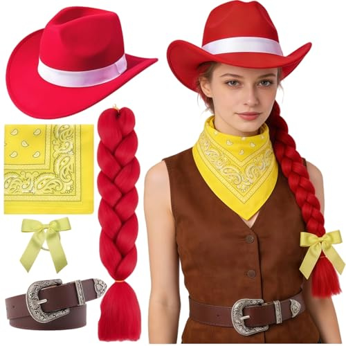 Maazusa Costume de cowboy 5 pièces pour enfants avec perruque rouge, tresse, chapeau, ceinture, écharpe carrée, déguisement de cowboy pour Halloween, carnaval, fête