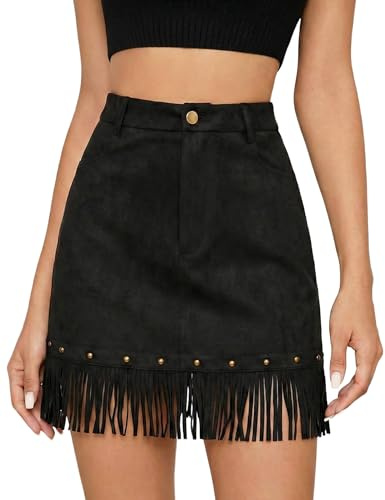 DERAX Women's Suede Fringe Mini Skirt High Waisted Tassel Western A Line Short Skirts with Pockets Black XL