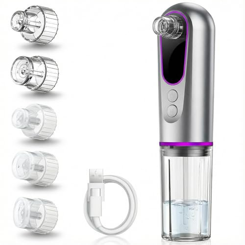 Blackhead Remover Vacuum - Rechargeable Pore Extractor Pore Vacuum Cleaner with 5 Heads and 3 Levels, Blackhead and Whitehead Remover, Grey