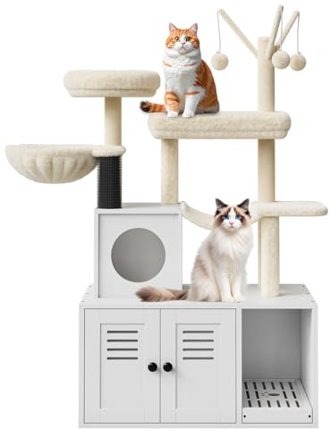 Mueble para cama con árbol de gato de madera, funda de cama y rascador combinado 2 en 1 con cabina integrada y plataforma Doudoudou,mueble de gato moderno para juguete y lugar de descanso blanco