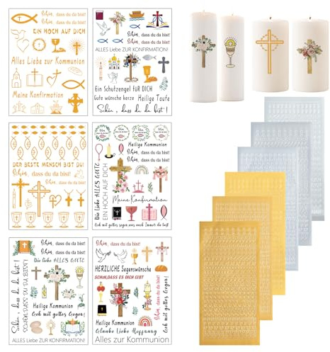 Goiern Lot de 12 Stickers pour Bougies de baptême, Autocollants Lettres pour Bougies, Set d’Autocollants pour baptême et Communion, Lettres en Cire pour décoration de Bougies et baptême