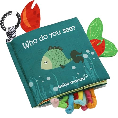 Fish Baby Books, Crinkle Books for Babies,Touch & Feel,Infant Baby Toys 0-3 0-6 6-12 Months, Sensory Mirror Toys,Soft Teether,Teething Toy,Shower Baby Basket Stuffers,Baby Gifts for Boys Girls-Green