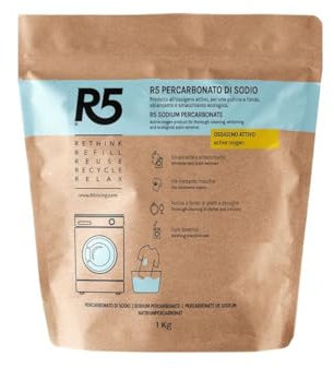 R5, Percarbonato di Sodio in Polvere, 1Kg, Sbiancante, Smacchiante e Igienizzante per Lavatrice e Lavastoviglie, Cura Lavatrice, Inodore, Ecologico, Certificato Plastic Negative