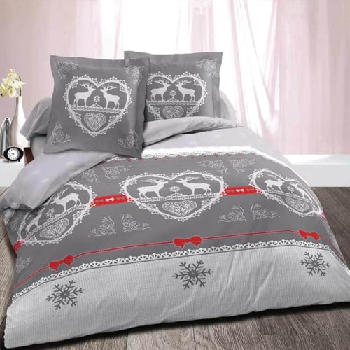 Alpes Blanc Parure de draps 160 (4 pièces) Coton Chalet Winter Gris pour lit 2 Places