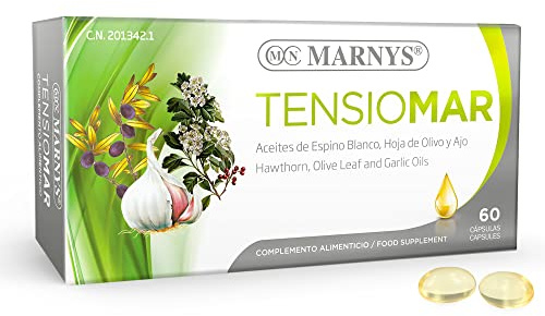 Marnys Tensiomar Para la tensión arterial, Favorece la Normal Función del Corazón, Cápsulas de Aceite de Espino Blanco, Olivo y Ajo, 60 Cápsulas