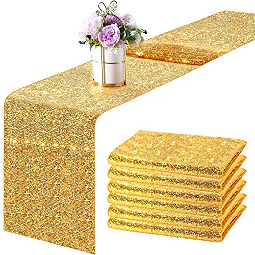 6 Pieces 12 x 108 Inches Sequin Table Runners Glitter Sequin Runner Rectangular Table Runner Cloth for Christmas New Year Birthday Wedding Holiday Party Decorations (Gold)