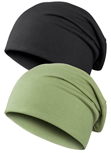 Kiiwah 2pcs Klassische Beanie Mütze für Herren und Damen, Unisex Slouch Strickmützen Longbeanie für Winter (Schwarz, Grün)