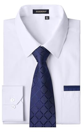 HISDERN Camisa Hombre Blanco Manga Larga Formal Camisas y Corbata Elegante Camisa de Vestir de Negocios Boda con Bolsillo Regular Fit XL