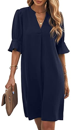 Famulily Women Fashion V-Neck Loose Fit Comfy Dress Short Bell Sleeve Work Dresses Navy Blue L