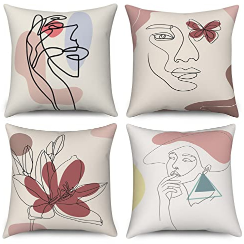 Boho örngott 40 x 40 cm set om 4, modern abstrakt konst flicka ansikte blomma soffa kudde överdrag dekorativ kudde örngott tvättbar polyester lin textil utomhus stoppning örngott