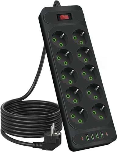 10 Fach Steckdosenleiste, Mehrfachsteckdose mit 4 USB A und 2 USB C Verteilersteckdose mit Schalter, mehrfachsteckdose wandmontage mit 1,8M Verlängerungskabel für Zuhause Büro
