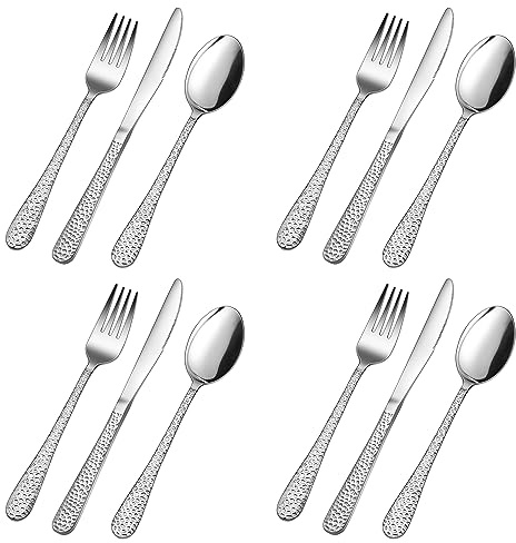 Herogo Kids Cutlery Set, 12 Pieces Stainless Steel Childrens Cutlery Sets, Child Toddler Silverware Include 4 Knives, 4 Forks, 4 Spoons, Proper Size & Smooth Edge, Dishwasher Safe, Hammered Handle
