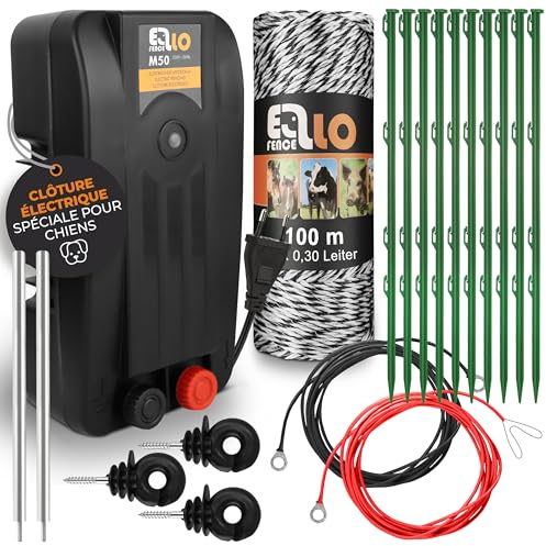 Ellofence Kit complet clôture électrique 100 m fil – Appareil secteur, 2 piquets de terre, 10 piquets de clôture & câble de raccordement – Pour chiens, chats & petits animaux