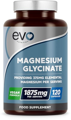 Magnesium Glycinate Supplements 1875mg | 120 High Strength Capsules | Supports Sleep, Relaxation, Energy & Cognitive Health | High Absorption Bisglycinate, 375mg Elemental | UK Made EVO Nutrition