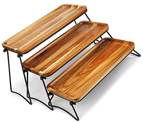 Plateau de service à 3 niveaux pour cupcakes, plateaux, présentoirs de nourriture et planche à charcuterie pour fête, pique-nique, buffet (couleur grain de bois)