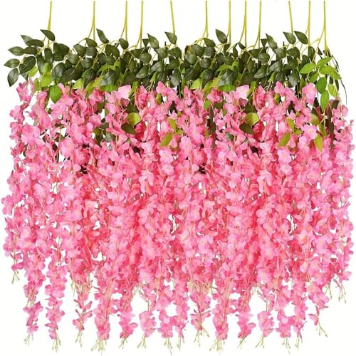 Xshelley12 delar (110 cm) konstgjord konstgjord blåregn vinstockar rotting hängande girlang siden blommor snöre hem fest bröllopsdekor (rosa)